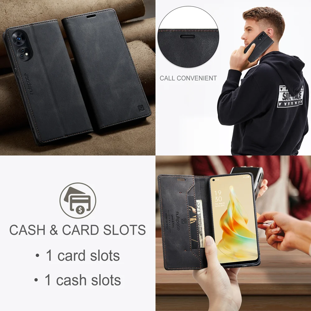 For Oppo Reno8 T 4G Wallet Case AUTSPACE A01 Leather Stand Cover with RFID Blocking Card Holder - Black-Cellmalls