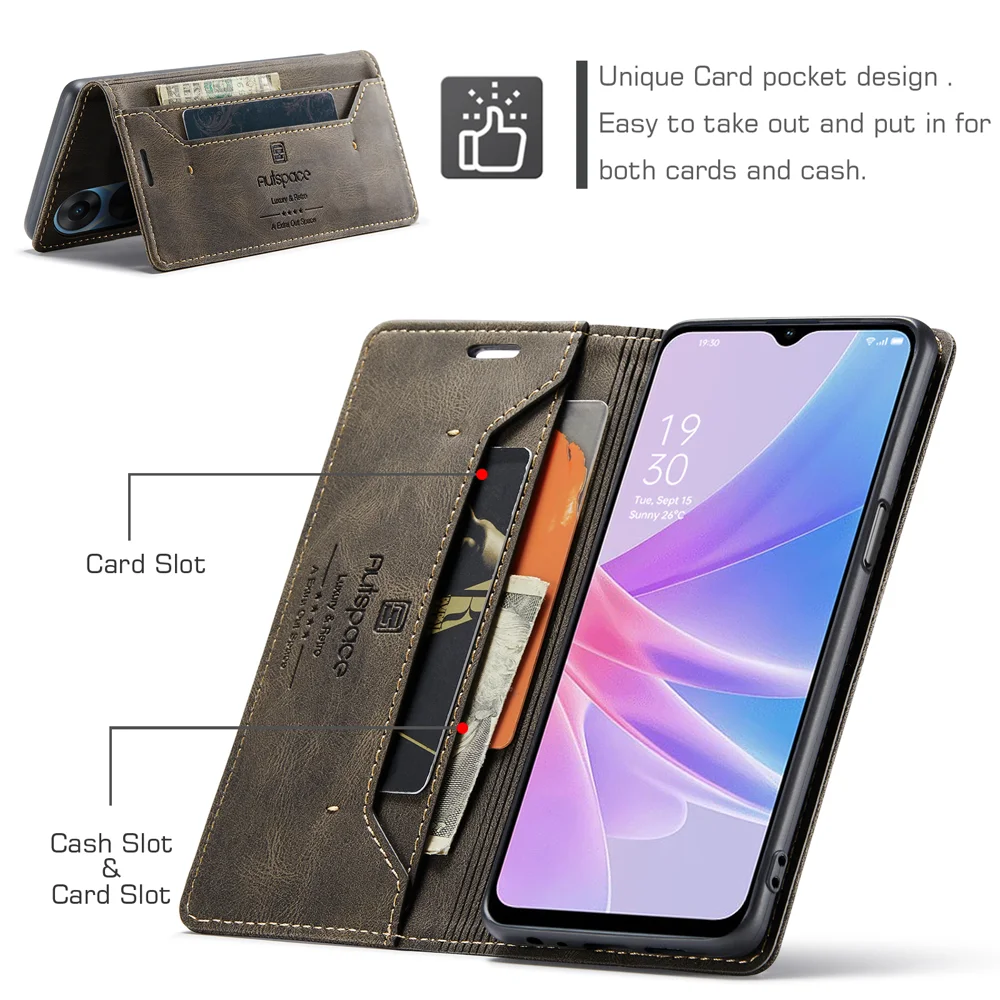 For Oppo A58 5G / Oppo A58x 5G / Oppo A1x 5G / Oppo A78 5G Wallet Case AUTSPACE A01 Leather Stand Cover with RFID Blocking Card Holder - Black-Cellmalls