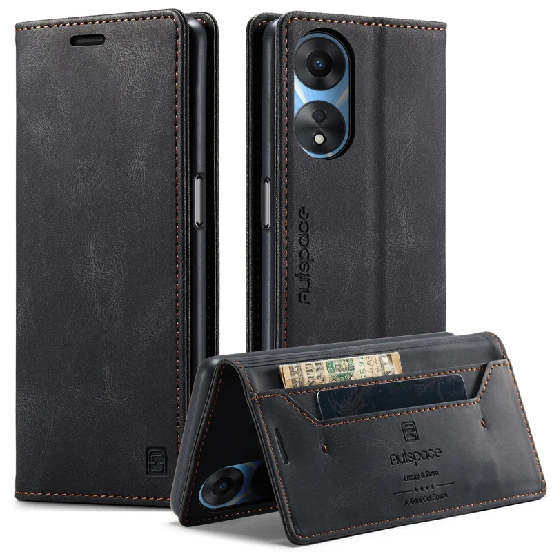 For Oppo A58 5G / Oppo A58x 5G / Oppo A1x 5G / Oppo A78 5G Wallet Case AUTSPACE A01 Leather Stand Cover with RFID Blocking Card Holder - Black-Cellmalls