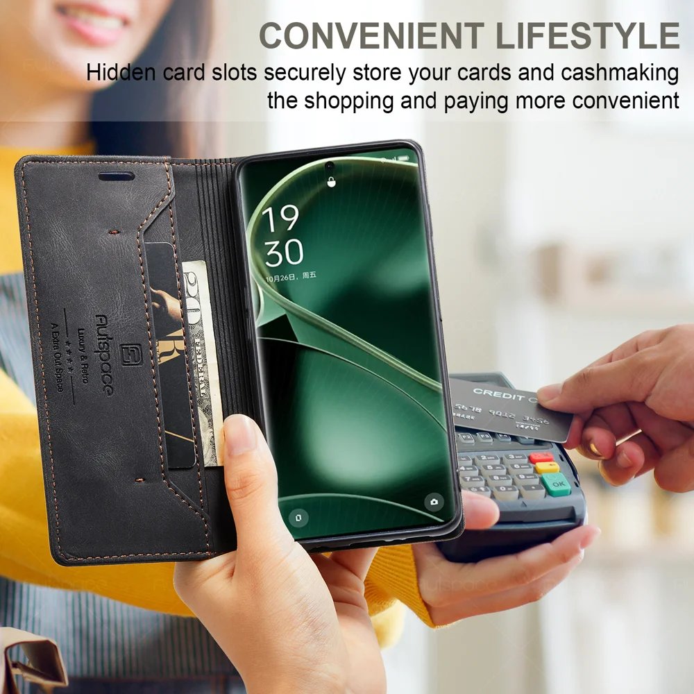 For Oppo Find X6 Pro Wallet Case AUTSPACE A01 Leather Stand Cover with RFID Blocking Card Holder - Black-Cellmalls