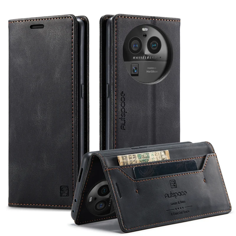 For Oppo Find X6 Pro Wallet Case AUTSPACE A01 Leather Stand Cover with RFID Blocking Card Holder - Black-Cellmalls