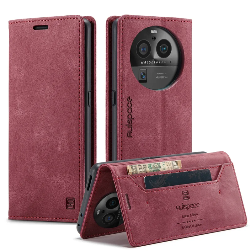 For Oppo Find X6 Pro Wallet Case AUTSPACE A01 Leather Stand Cover with RFID Blocking Card Holder - Black-Cellmalls