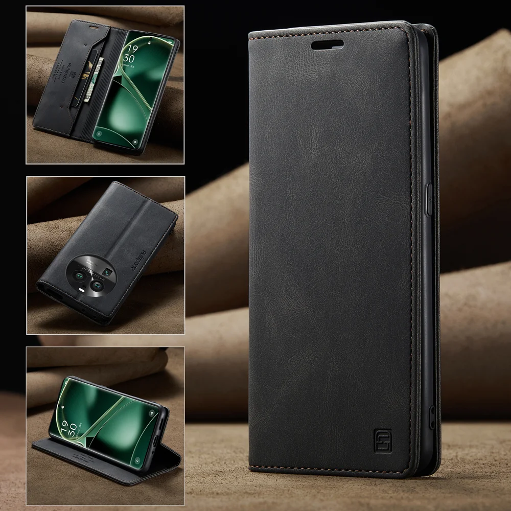 For Oppo Find X6 Wallet Case AUTSPACE A01 Leather Stand Cover with RFID Blocking Card Holder - Black-Cellmalls
