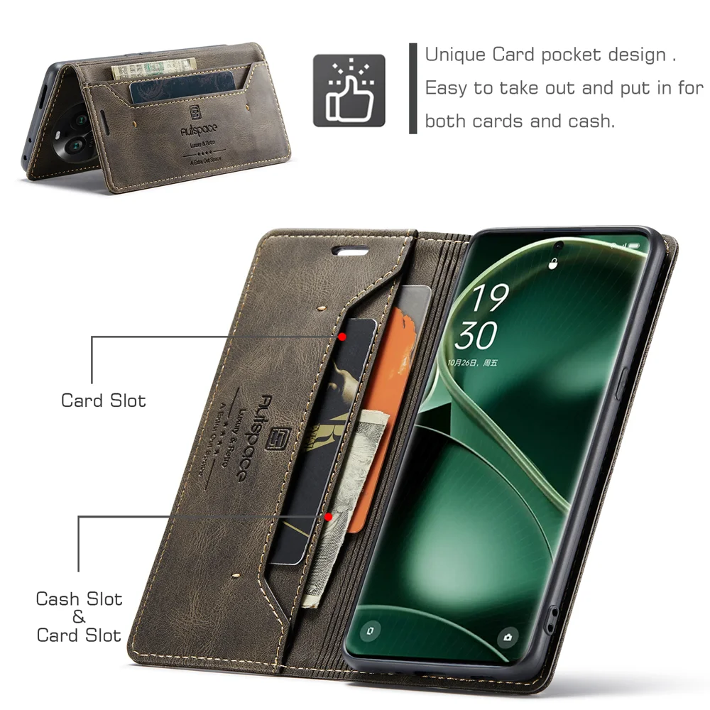 For Oppo Find X6 Wallet Case AUTSPACE A01 Leather Stand Cover with RFID Blocking Card Holder - Black-Cellmalls