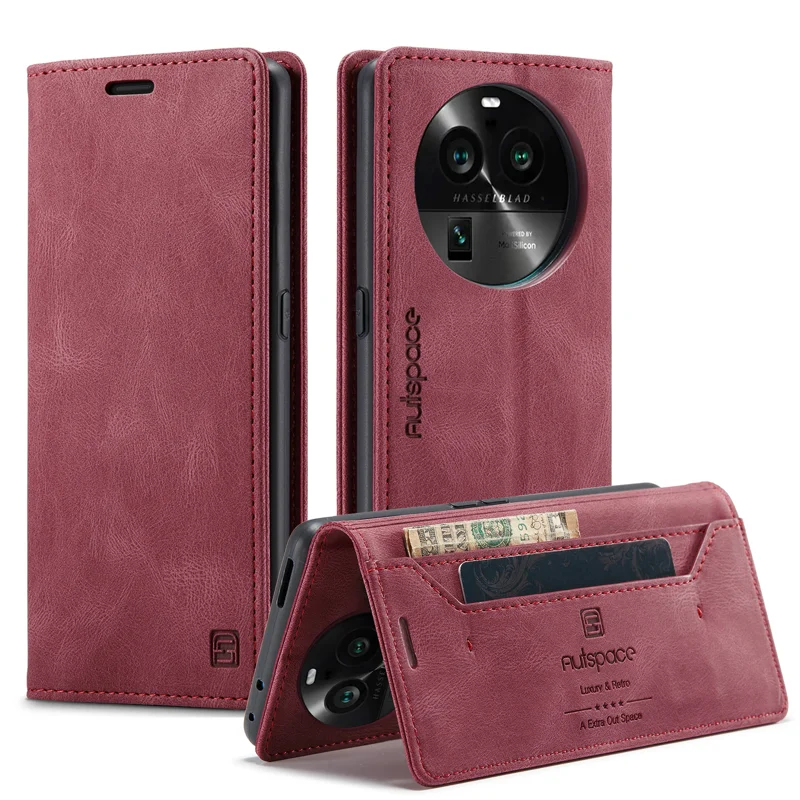 For Oppo Find X6 Wallet Case AUTSPACE A01 Leather Stand Cover with RFID Blocking Card Holder - Black-Cellmalls