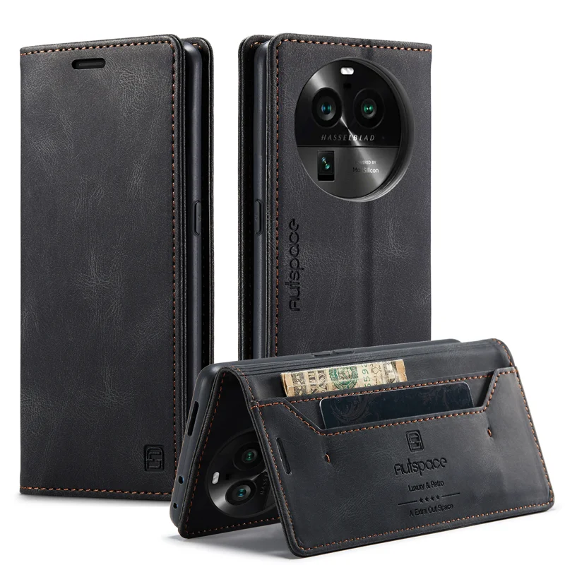 For Oppo Find X6 Wallet Case AUTSPACE A01 Leather Stand Cover with RFID Blocking Card Holder - Black-Cellmalls