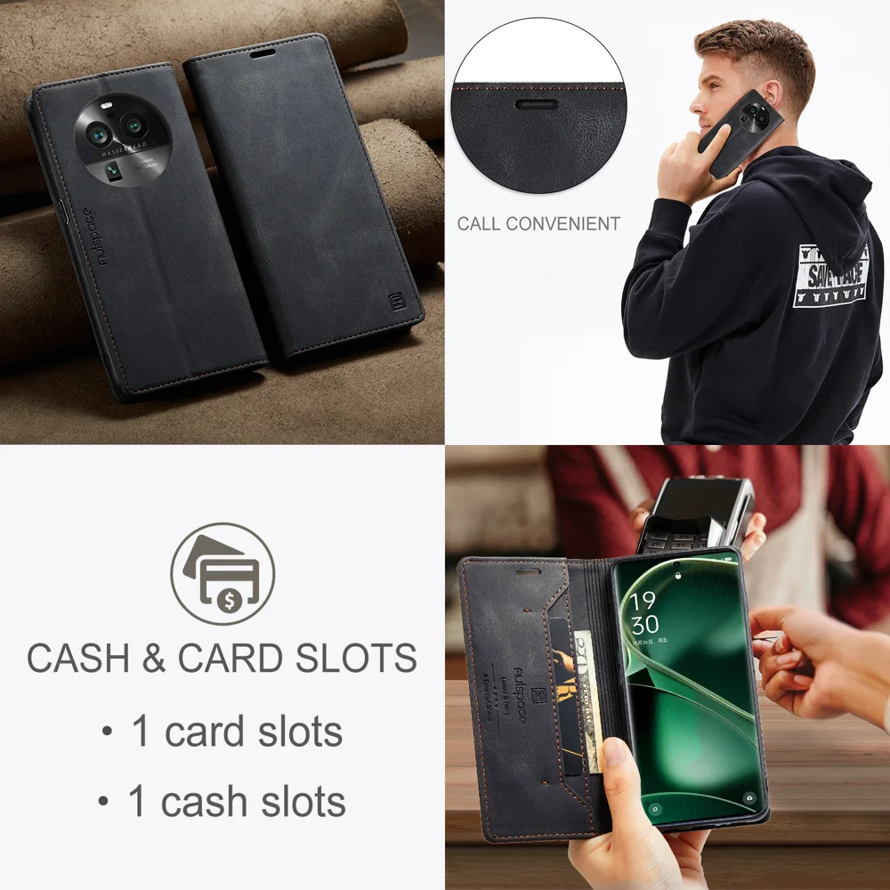 For Oppo Find X6 Wallet Case AUTSPACE A01 Leather Stand Cover with RFID Blocking Card Holder - Black-Cellmalls