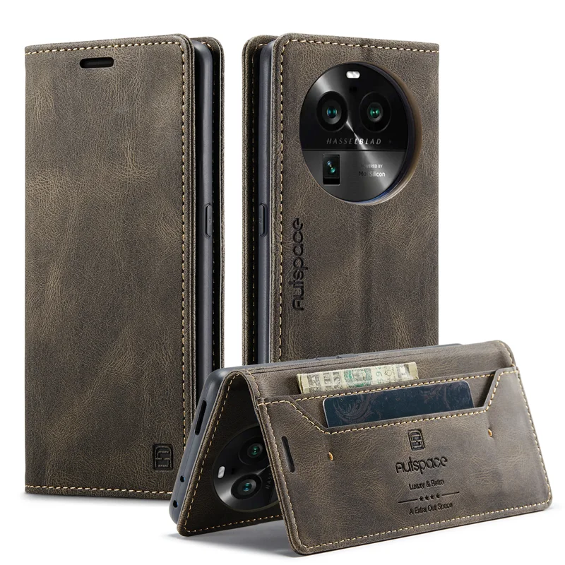 For Oppo Find X6 Wallet Case AUTSPACE A01 Leather Stand Cover with RFID Blocking Card Holder - Black-Cellmalls