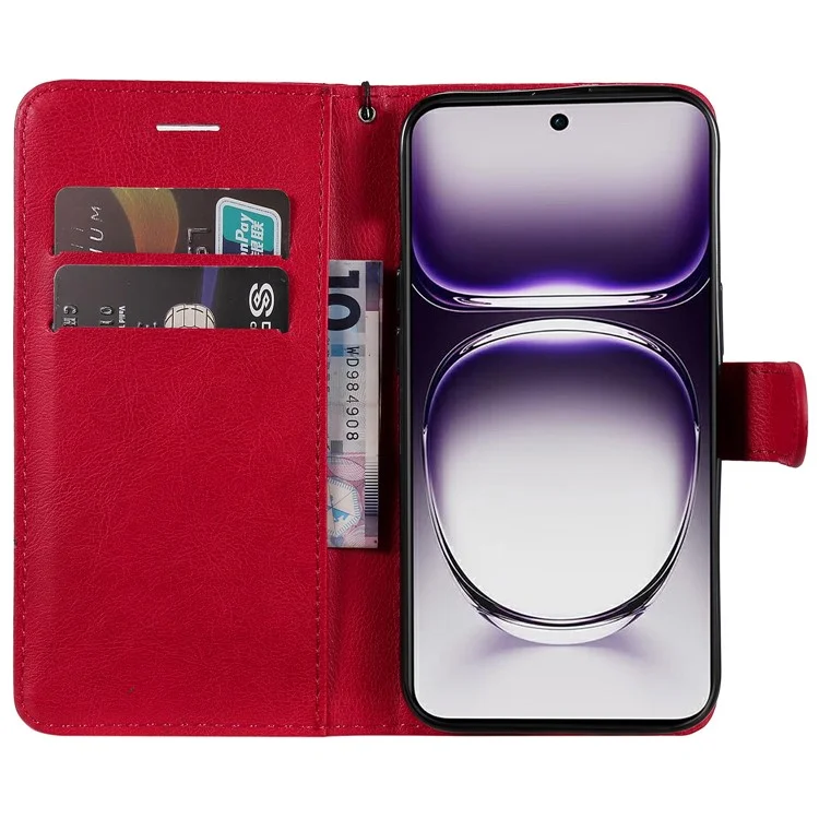For Oppo Reno12 5G (Global) Case Solid Color Leather Mobile Cover Wallet Stand with Strap - Red-Cellmalls