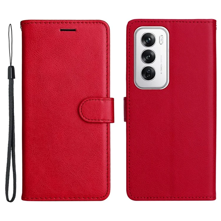 For Oppo Reno12 5G (Global) Case Solid Color Leather Mobile Cover Wallet Stand with Strap - Red-Cellmalls