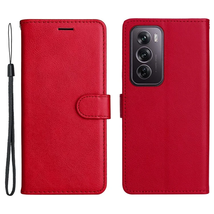 For Oppo Reno12 Pro 5G (China) / (Global) Case Solid Color Leather Mobile Cover Wallet Stand with Strap - Red-Cellmalls