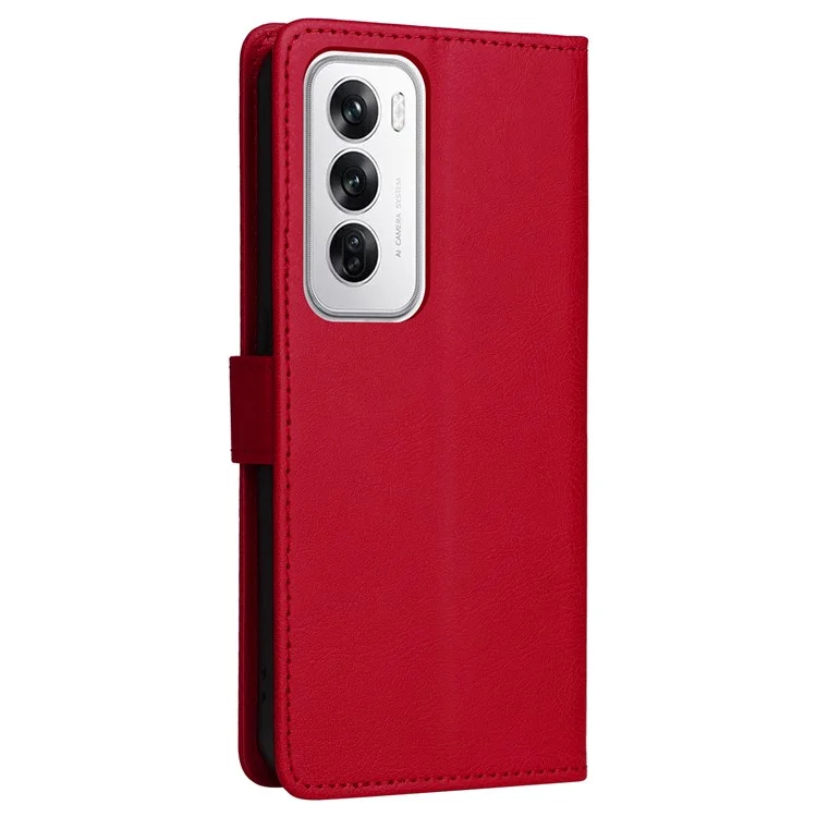 For Oppo Reno12 5G (Global) Case Solid Color Leather Mobile Cover Wallet Stand with Strap - Red-Cellmalls