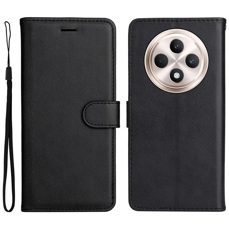 For Oppo Reno12 F 4G Case Solid Color Leather Mobile Cover Wallet Stand with Strap - Black-Cellmalls