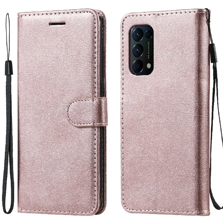For Oppo Reno5 4G / Reno5 5G / Reno5 K / Find X3 Lite Case Solid Color Leather Mobile Cover Wallet Stand with Strap - Rose Gold-Cellmalls