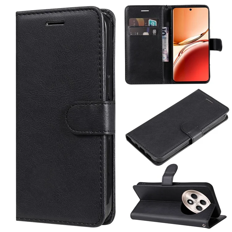 For Oppo Reno12 F 4G Case Solid Color Leather Mobile Cover Wallet Stand with Strap - Black-Cellmalls