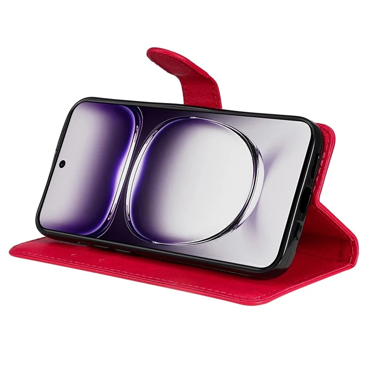 For Oppo Reno12 5G (Global) Case Solid Color Leather Mobile Cover Wallet Stand with Strap - Red-Cellmalls