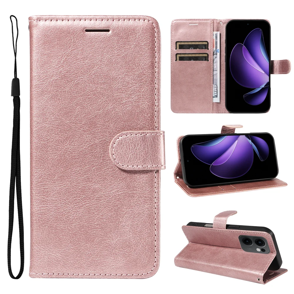 For Oppo Reno13 F 5G Leather Wallet Case with Strap Solid Color Phone Stand Cover - Black-Cellmalls