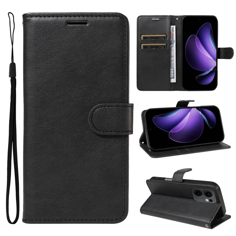 For Oppo Reno13 F 5G Leather Wallet Case with Strap Solid Color Phone Stand Cover - Black-Cellmalls