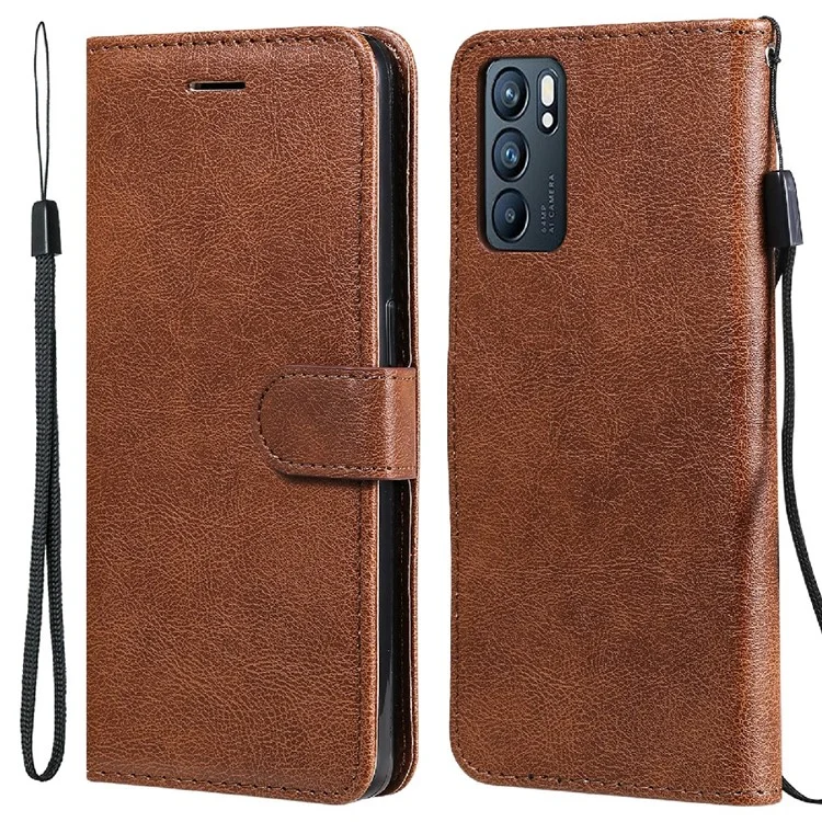 For Oppo Reno6 5G Case Solid Color Leather Mobile Cover Wallet Stand with Strap - Brown-Cellmalls