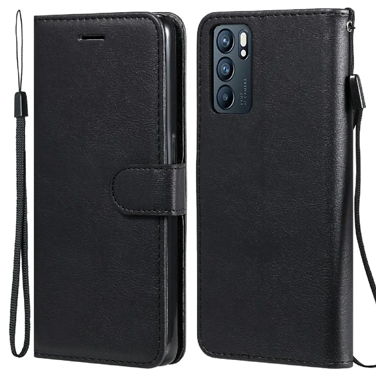 For Oppo Reno6 5G Case Solid Color Leather Mobile Cover Wallet Stand with Strap - Brown-Cellmalls