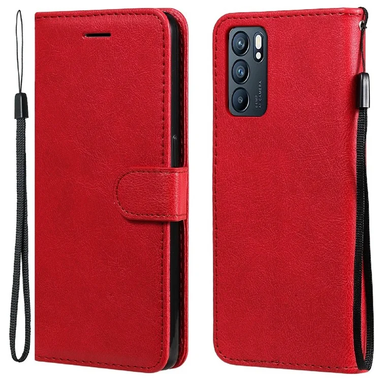 For Oppo Reno6 5G Case Solid Color Leather Mobile Cover Wallet Stand with Strap - Brown-Cellmalls
