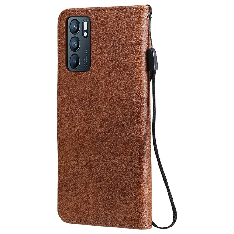 For Oppo Reno6 5G Case Solid Color Leather Mobile Cover Wallet Stand with Strap - Brown-Cellmalls