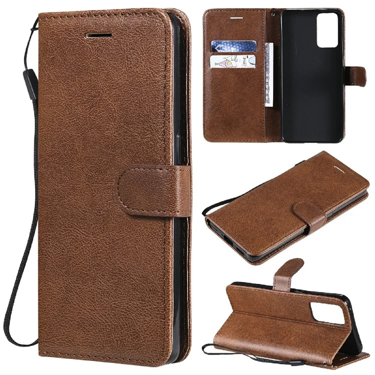 For Oppo Reno6 5G Case Solid Color Leather Mobile Cover Wallet Stand with Strap - Brown-Cellmalls