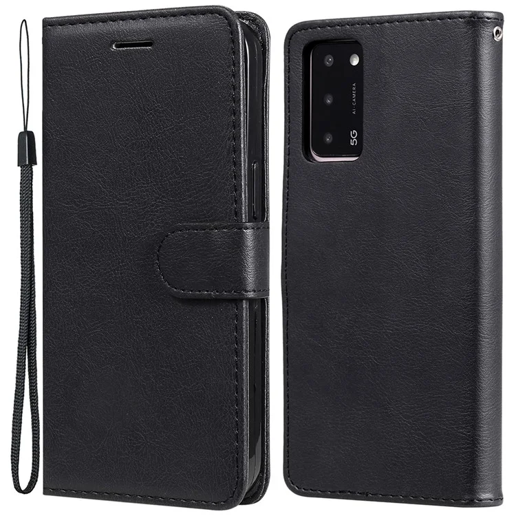 For Oppo A55 5G / A54 4G / A16 4G / Realme V11 5G Case Solid Color Leather Mobile Cover Wallet Stand with Strap - Black-Cellmalls