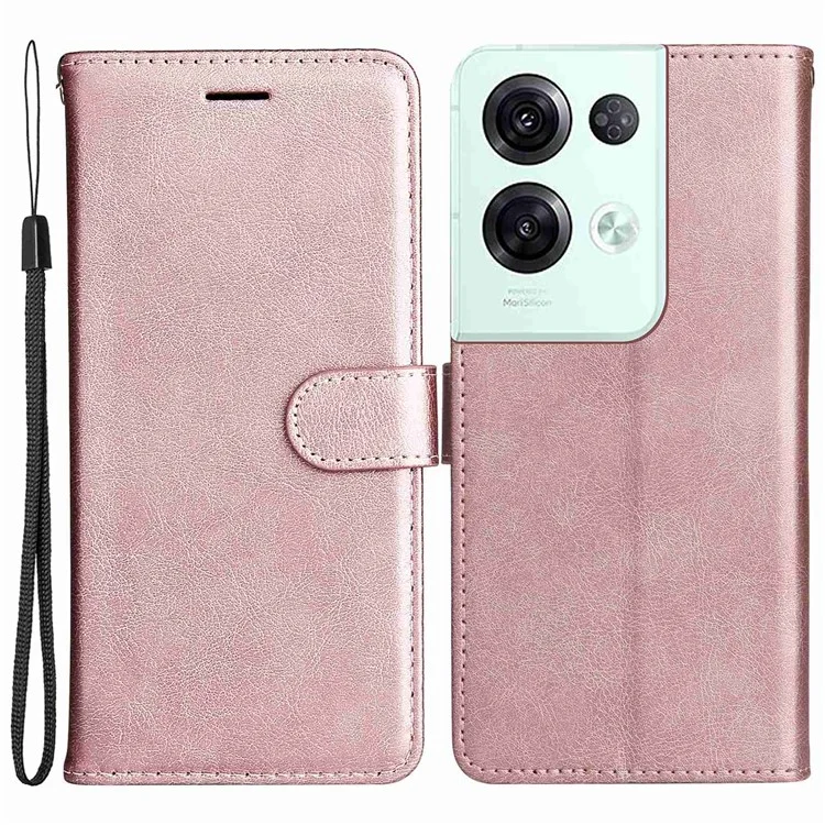 For Oppo Reno8 Pro 5G (Global) / Reno8 Pro+ (China) 5G Case Solid Color Leather Mobile Cover Wallet Stand with Strap - Rose Gold-Cellmalls