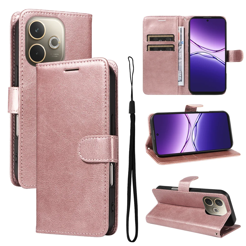 For Oppo A5 Pro 4G (Global) / 5G (Global) / A5 Energy 5G (China) Leather Wallet Case with Strap Solid Color Phone Stand Cover - Black-Cellmalls