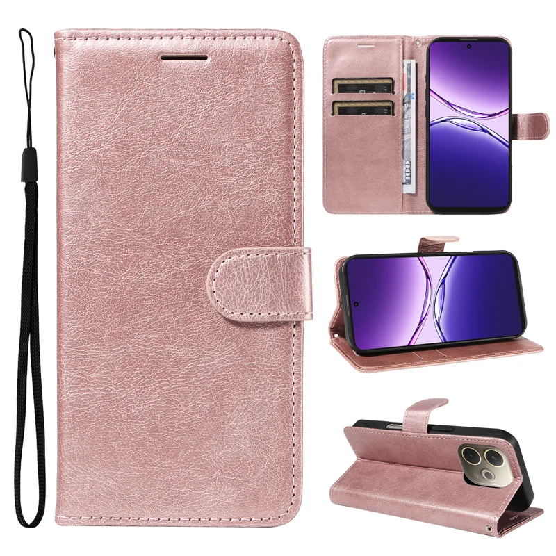 For Oppo A5 Pro 4G (Global) / 5G (Global) / A5 Energy 5G (China) Leather Wallet Case with Strap Solid Color Phone Stand Cover - Black-Cellmalls