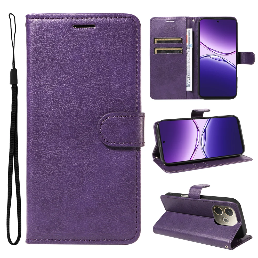 For Oppo A5 Pro 4G (Global) / 5G (Global) / A5 Energy 5G (China) Leather Wallet Case with Strap Solid Color Phone Stand Cover - Black-Cellmalls