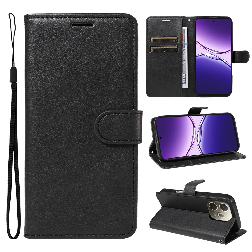 For Oppo A5 Pro 4G (Global) / 5G (Global) / A5 Energy 5G (China) Leather Wallet Case with Strap Solid Color Phone Stand Cover - Black-Cellmalls