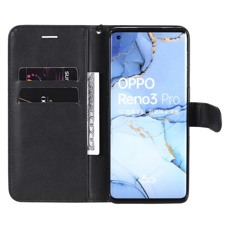 For Oppo Reno3 Pro 5G / Find X2 Neo Case Solid Color Leather Mobile Cover Wallet Stand with Strap - Black-Cellmalls