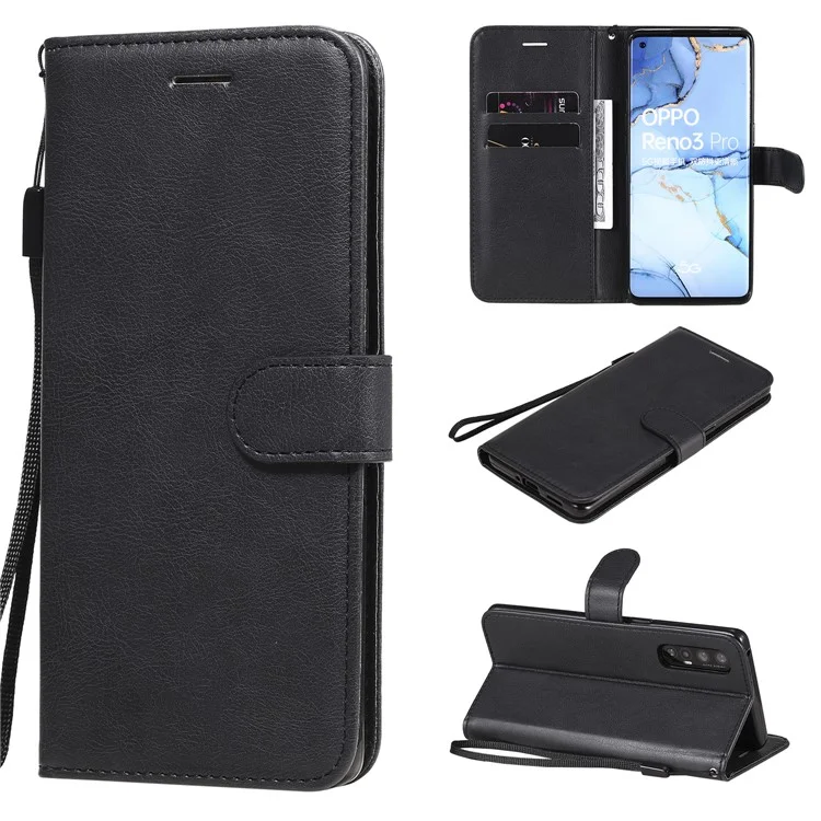 For Oppo Reno3 Pro 5G / Find X2 Neo Case Solid Color Leather Mobile Cover Wallet Stand with Strap - Black-Cellmalls
