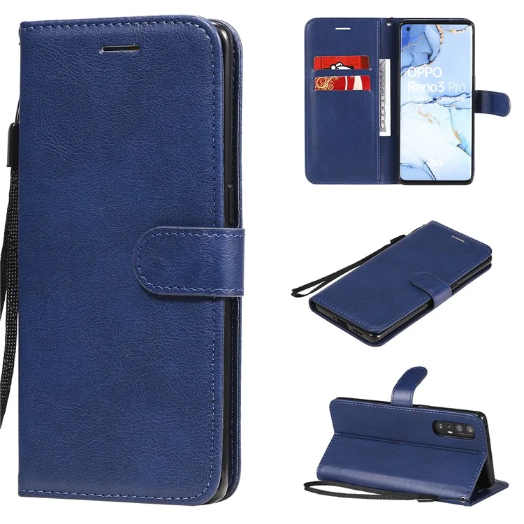 For Oppo Reno3 Pro 5G / Find X2 Neo Case Solid Color Leather Mobile Cover Wallet Stand with Strap - Black-Cellmalls