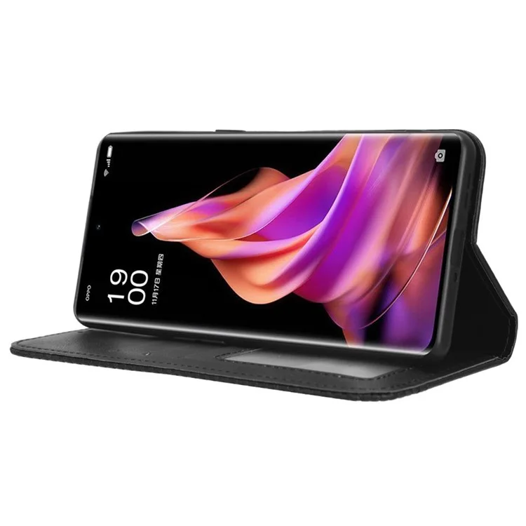 For Oppo Reno9 Pro+ 5G Magnetic Auto Closing Phone Case Viewing Stand Retro Texture Imprinted Pattern PU Leather Flip Wallet Phone Cover - Black-Cellmalls