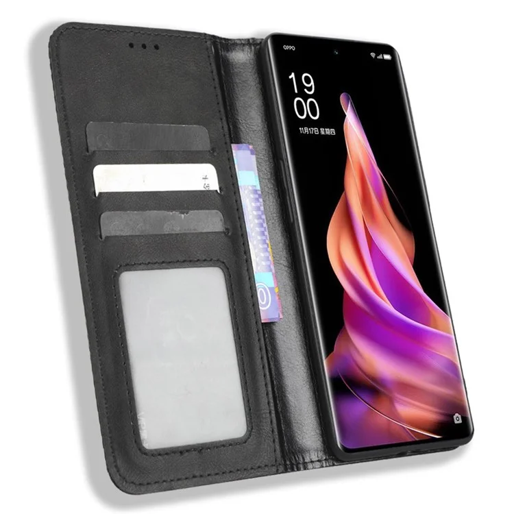 For Oppo Reno9 Pro+ 5G Magnetic Auto Closing Phone Case Viewing Stand Retro Texture Imprinted Pattern PU Leather Flip Wallet Phone Cover - Black-Cellmalls