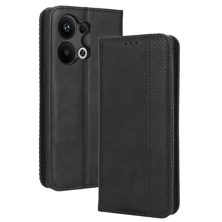 For Oppo Reno9 Pro+ 5G Magnetic Auto Closing Phone Case Viewing Stand Retro Texture Imprinted Pattern PU Leather Flip Wallet Phone Cover - Black-Cellmalls