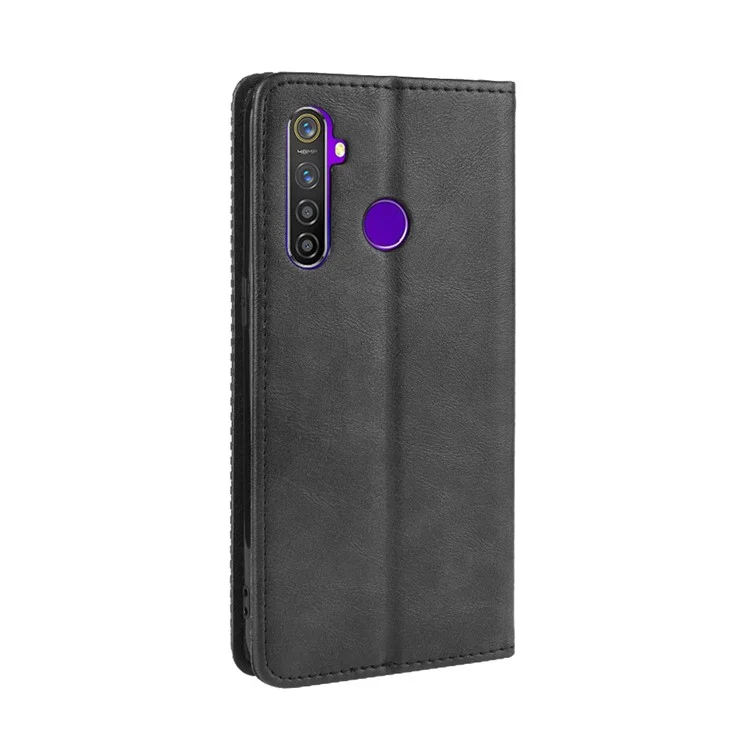 Magnetic Retro PU Leather Wallet Mobile Shell for Oppo Realme 5 Pro/Realme Q - Black-Cellmalls