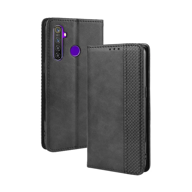 Magnetic Retro PU Leather Wallet Mobile Shell for Oppo Realme 5 Pro/Realme Q - Black-Cellmalls