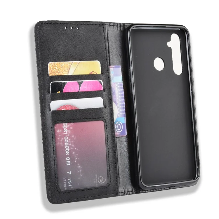 Magnetic Retro PU Leather Wallet Mobile Shell for Oppo Realme 5 Pro/Realme Q - Black-Cellmalls