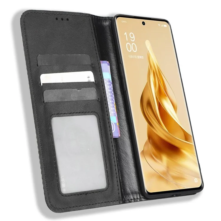 For Oppo Reno9 5G / Reno9 Pro 5G Well-protected Magnetic Auto Closing Phone Case Stand Retro Texture Imprinted Pattern PU Leather Flip Wallet Phone Cover - Black-Cellmalls