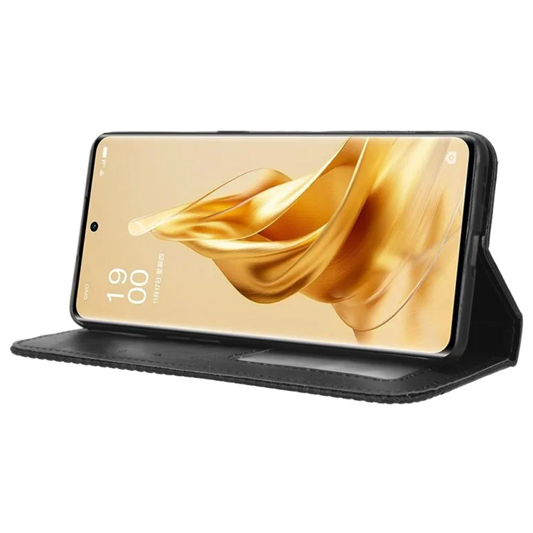 For Oppo Reno9 5G / Reno9 Pro 5G Well-protected Magnetic Auto Closing Phone Case Stand Retro Texture Imprinted Pattern PU Leather Flip Wallet Phone Cover - Black-Cellmalls