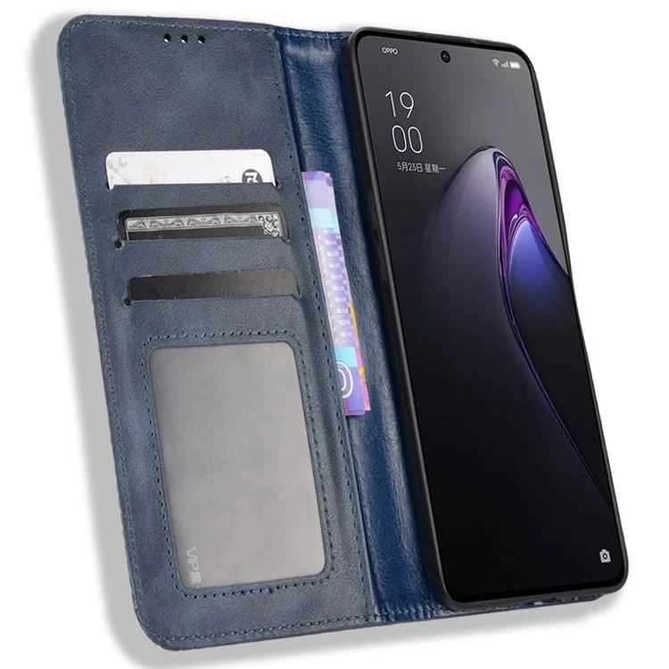 Retro Texture Magnetic Absorption Leather Case for Oppo Reno8 Pro (China) 5G, Viewing Stand Wallet Protective Cover - Blue-Cellmalls