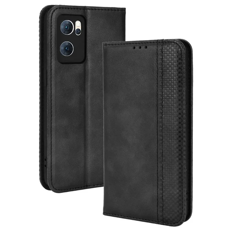 For Oppo Reno7 5G (China) Retro Style Imprinted Leather Cover + TPU Inner Case Wallet Stand Anti-fall Phone Shell - Black-Cellmalls