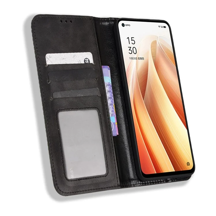 For Oppo Reno7 5G (China) Retro Style Imprinted Leather Cover + TPU Inner Case Wallet Stand Anti-fall Phone Shell - Black-Cellmalls