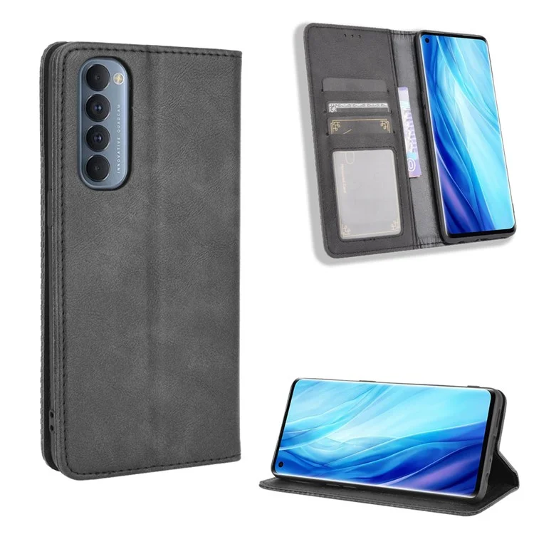 Retro with Wallet Stand Leather Phone Cover for Oppo Reno4 Pro 4G - Black-Cellmalls