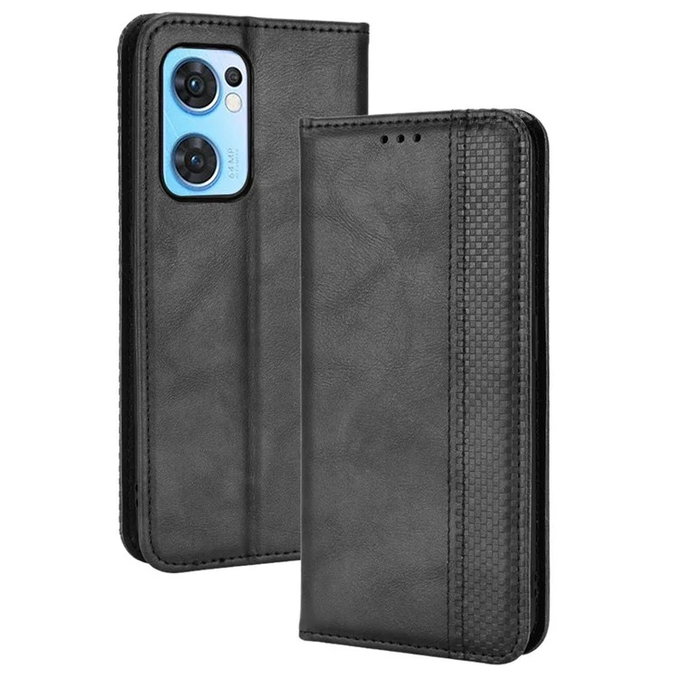 For Oppo Reno7 5G (Global)/Find X5 Lite Protective Case Mosaic Imprinted Retro Leather Magnetic Shell Stand Wallet Cell Phone Cover - Black-Cellmalls