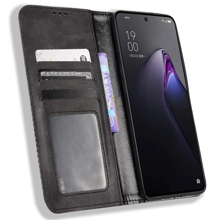 For Oppo Reno8 5G / Reno8 5G (Global Version) Folio Flip PU Leather Retro Texture Phone Case Stand Wallet Drop-proof Cover - Black-Cellmalls